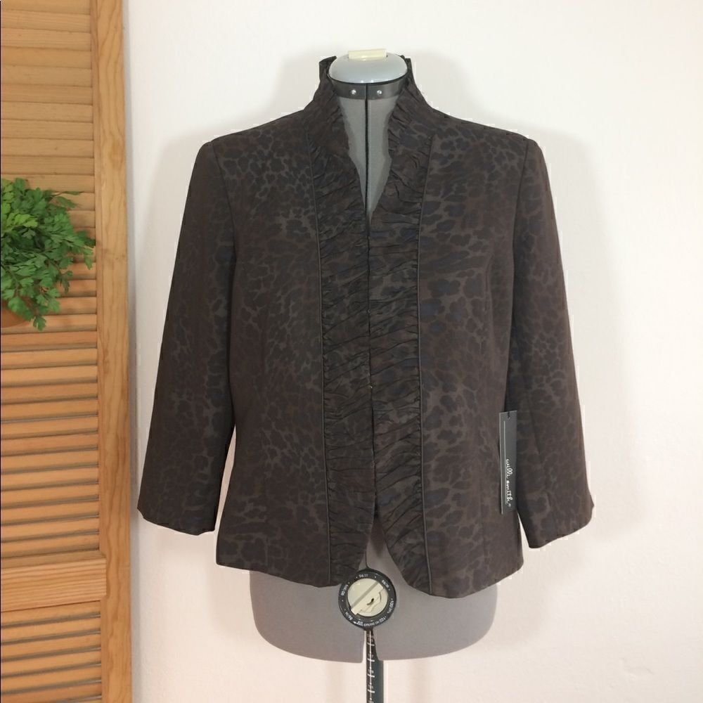 Willi Smith Dark Brown Animal Print Ruffle Edge Open Front Blazer Jacket NEW
